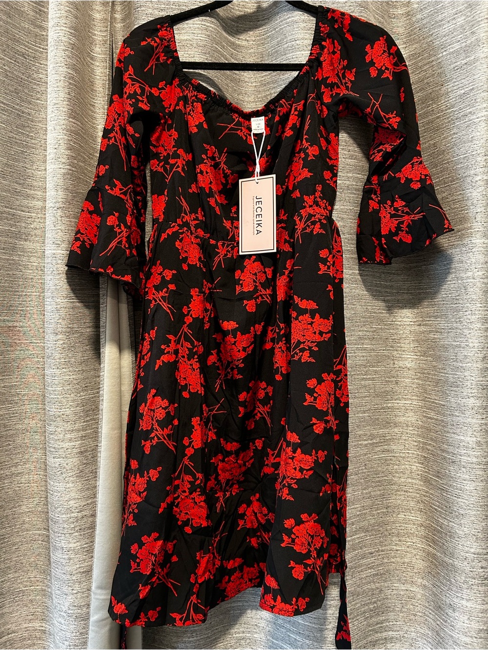 Black Midi Dress with Red Floral Print